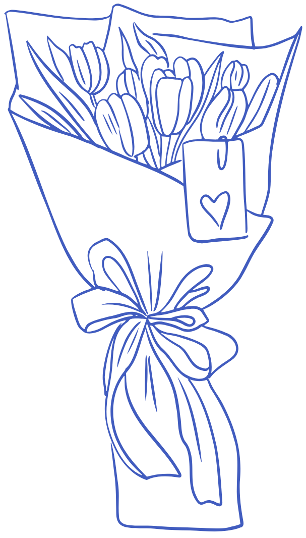 Line drawing of a bouquet of tulips wrapped in paper with a bow and a small gift box with a heart on it.