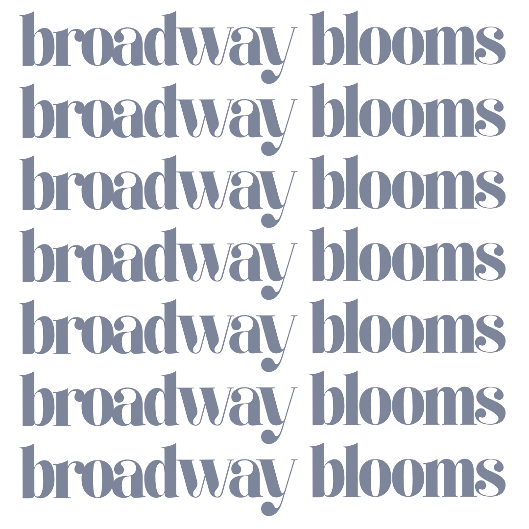 Repeating pattern of the words "broadway blooms" in large, dark blue text on a black background.