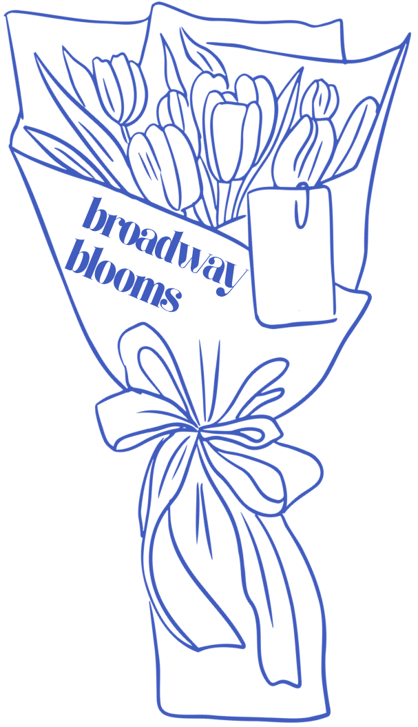 Outline drawing of a bouquet of flowers wrapped in paper with a ribbon. The bouquet has the words 'Broadway Blooms' written on the wrapping.