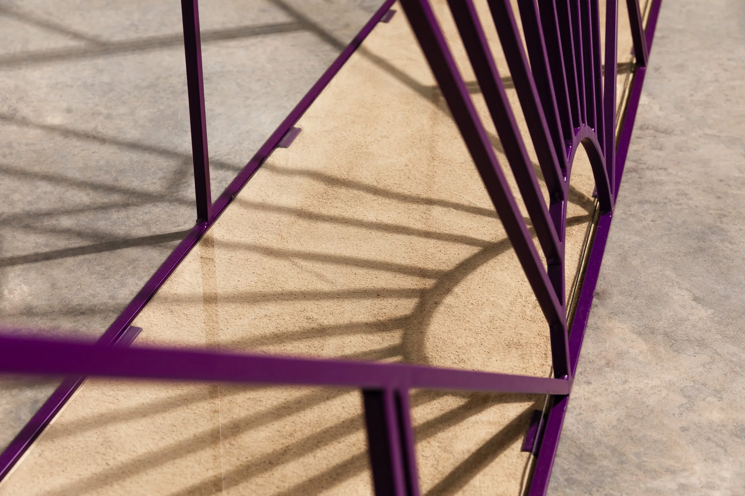 CONJURE (detail), 2018, powder-coated steel, sand, glass, 210 x 156 x 40 cm. Photo: Jacquie Manning