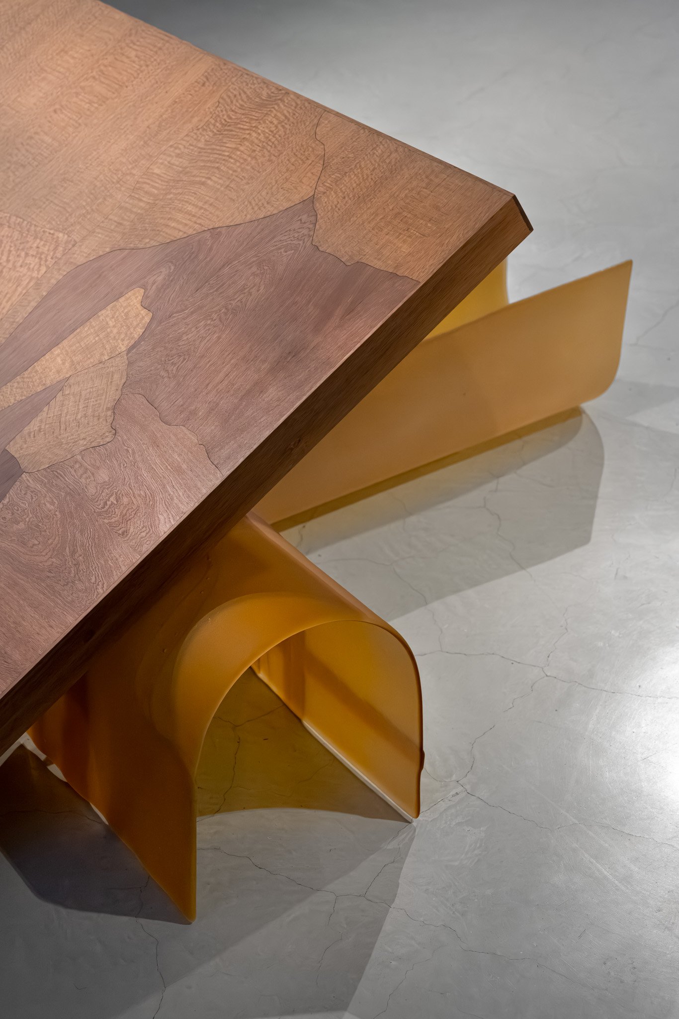False antithesis IV (detail), 2026, kiln formed glass, timber marquetry, dimensions variable. Photo: Jacquie Manning