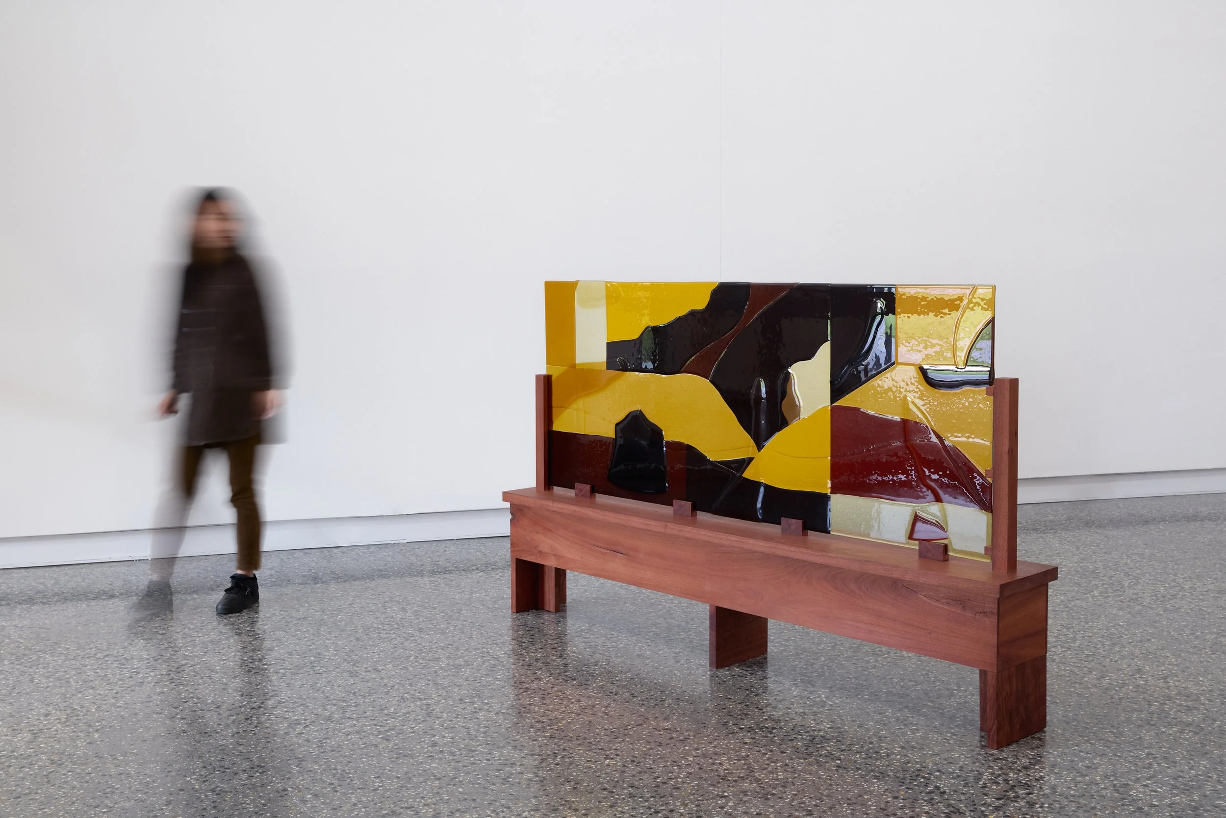 Minor truths II, 2022, kiln formed glass, jarrah. Photo:  Jeremy Weihrauch