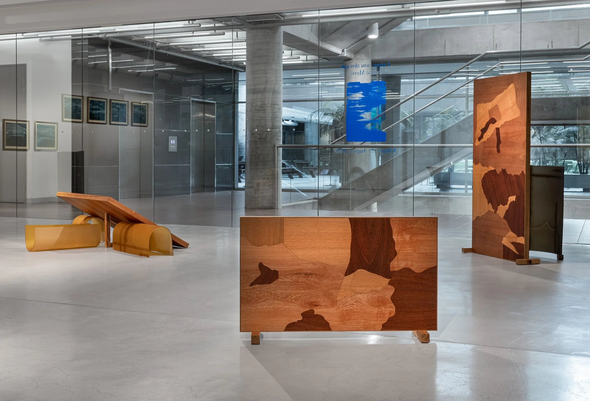 False antithesis IV, V-ii and III, 2026, kiln-formed glass, timber marquetry (coachwood, silky oak, jarrah), blackwood, felted feral goat fibre, dimensions variable. Photo: Jacquie Manning