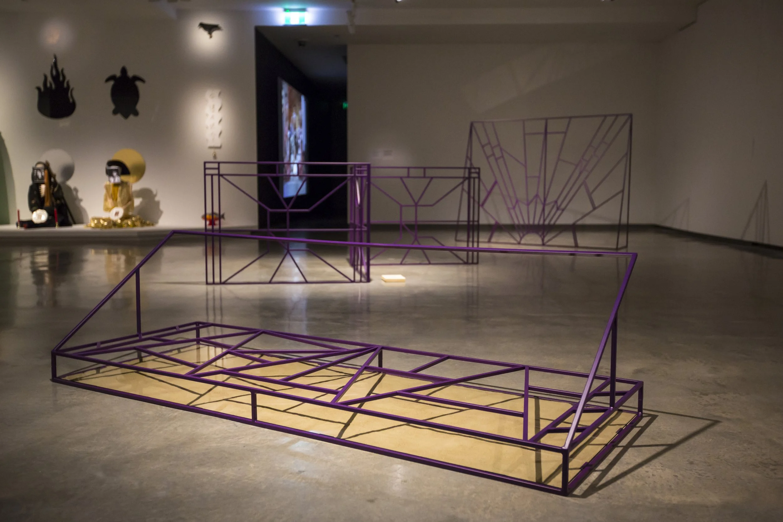 CONFECT, 2018, powder-coated steel, sand, glass, 200 x 74 x 44 cm. Photo: Alex Davies