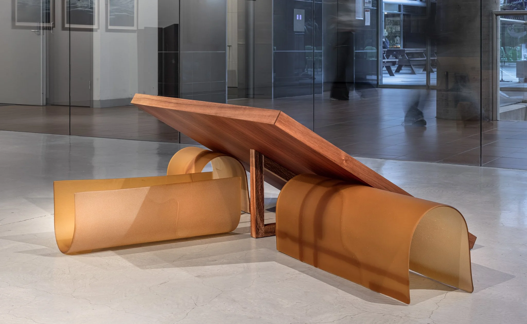 False antithesis IV, 2026, kiln-formed glass, timber marquetry (coachwood, silky oak, jarrah), blackwood, dimensions variable. Photo: Jacquie Manning