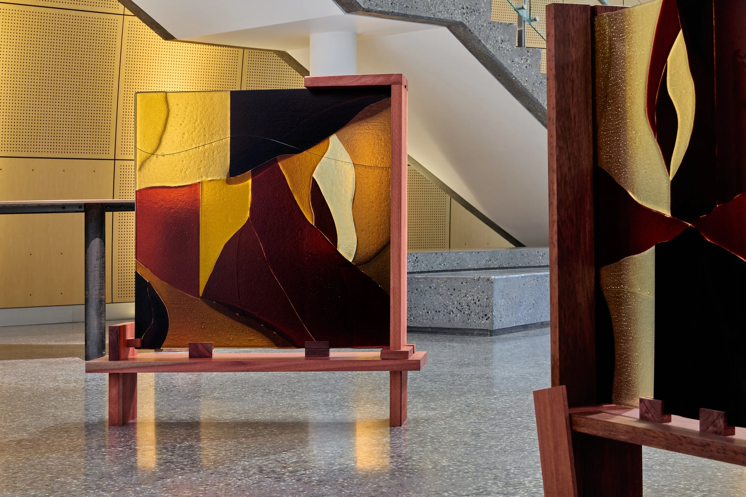 Minor truths IV, 2022, kiln formed glass, jarrah. Photo:  Jeremy Weihrauch