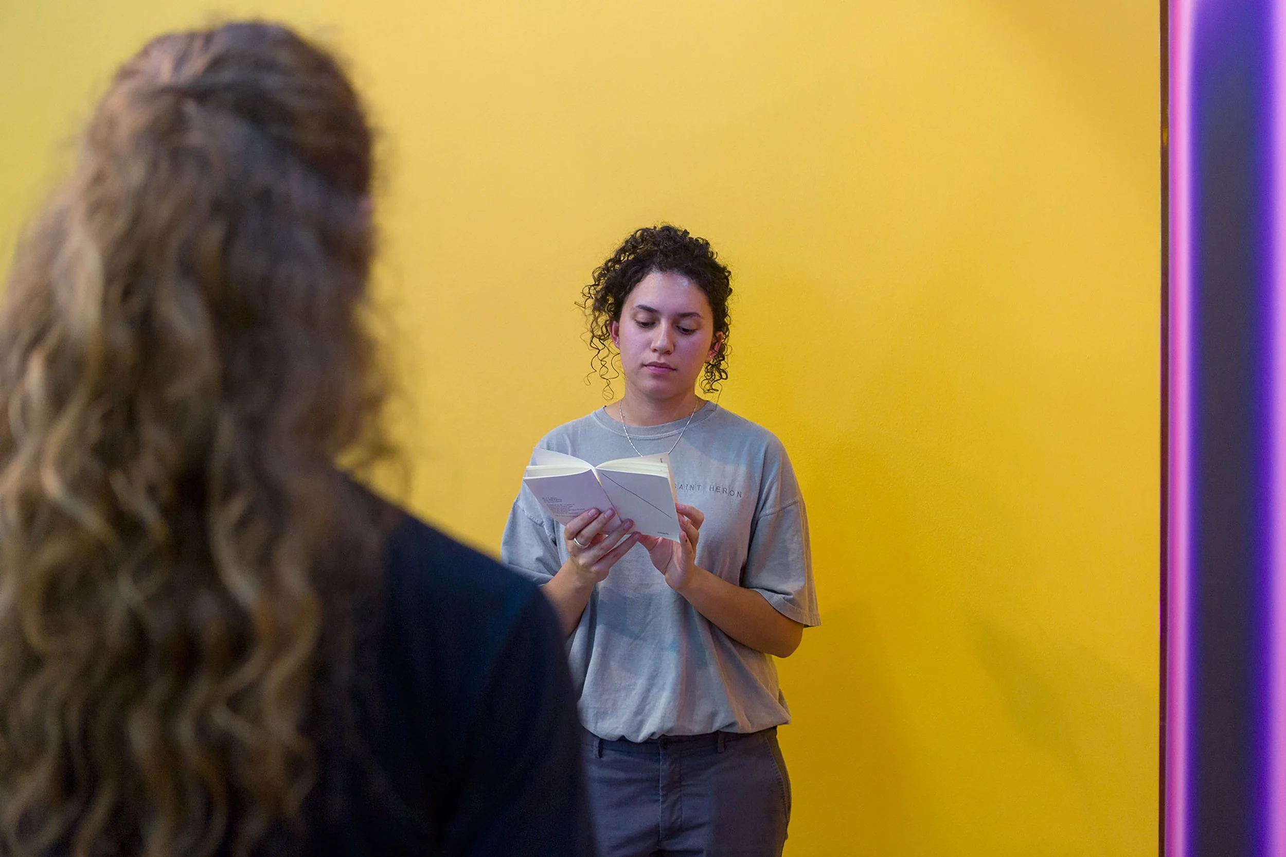 Performance documentation of live reading for 'Superposition of three types', 2017, Artspace, Sydney, AU. Photo: Jessica Maurer