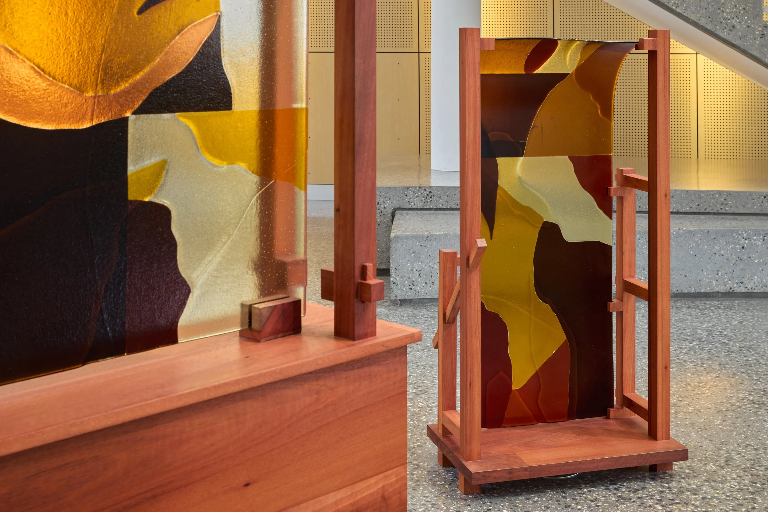 Minor truths III & I, 2022, kiln formed glass, jarrah. Photo:  Jeremy Weihrauch