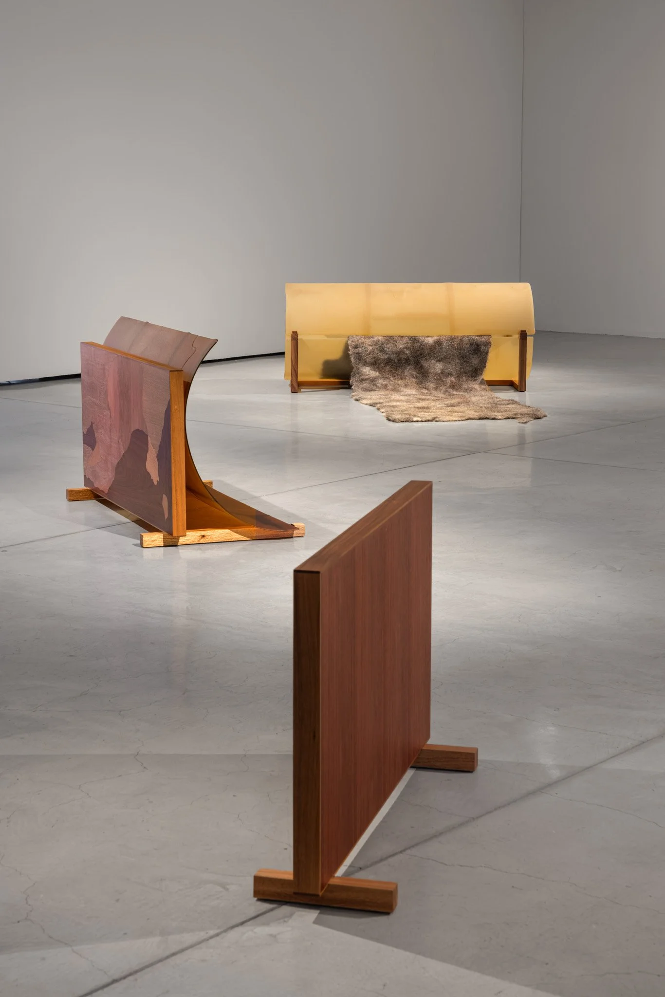 False antithesis II and V-i and V-ii, 2026, kiln-formed glass, timber marquetry (coachwood, silky oak, jarrah), blackwood, felted feral goat fibre, dimensions variable. Photo: Jacquie Manning