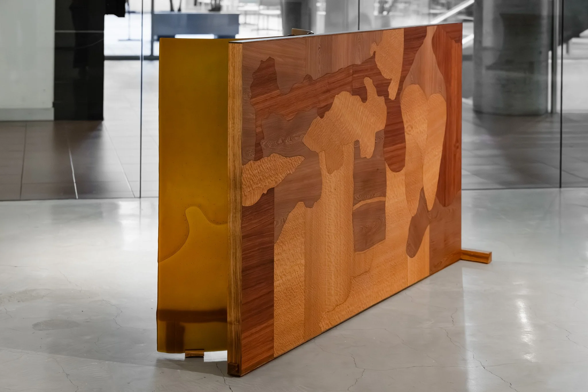 False antithesis I, 2026, kiln formed glass, timber marquetry, dimensions variable. Photo: Jacquie Manning