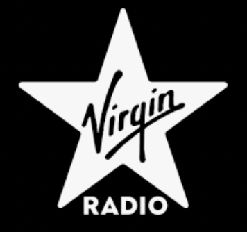 Virgin Radio logo with a white star and black background.