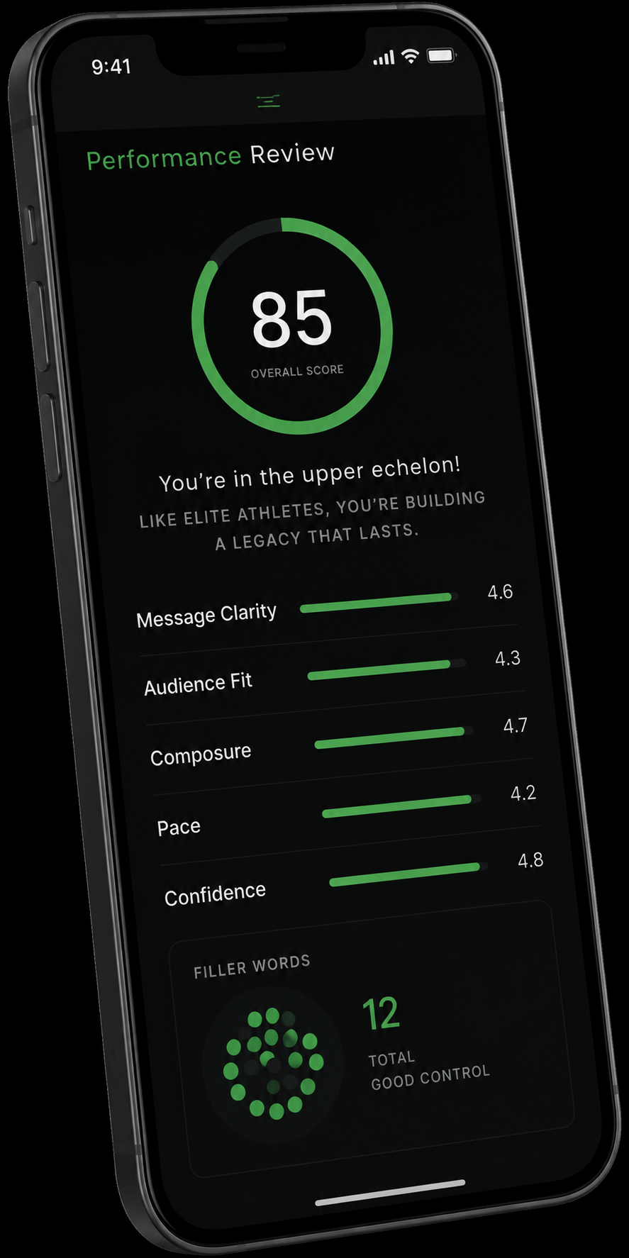 Smartphone screen displaying a performance review with an overall score of 85, several performance metrics rated with green bars, and a section showing filler words and good control.