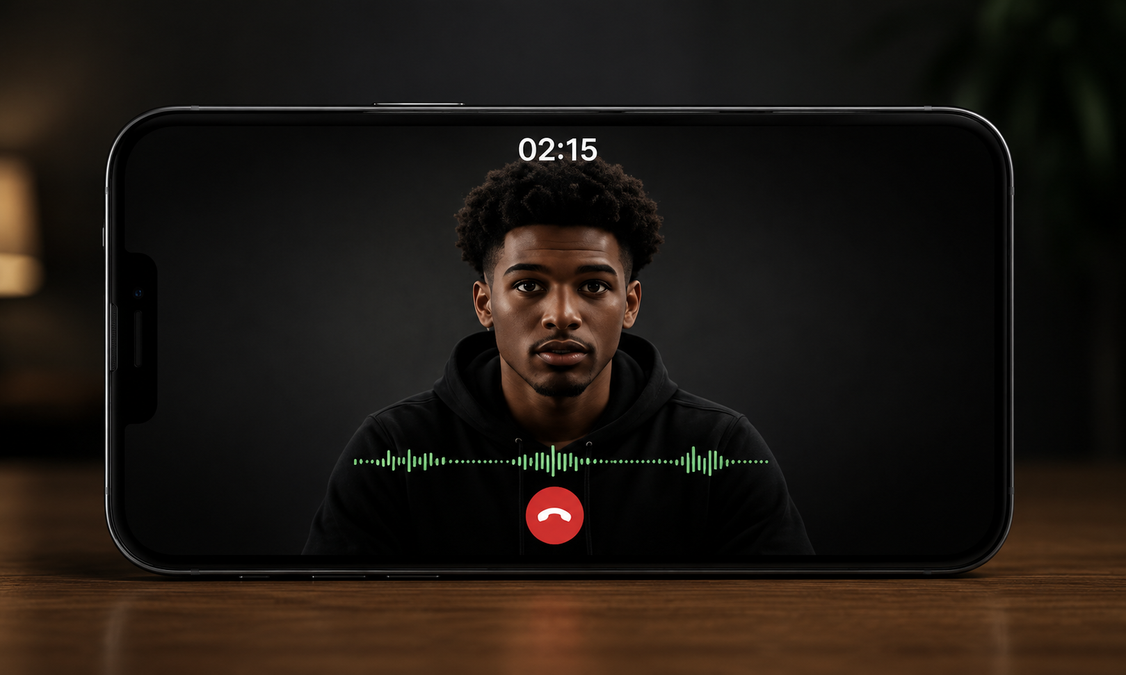 Smartphone screen showing a video call with a young man in a black hoodie, against a dark background, with a green audio waveform and a red hang-up button.