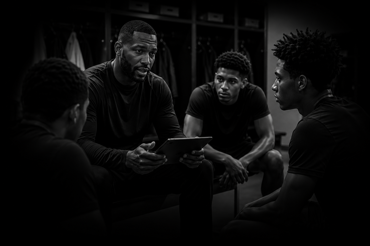 A coach or trainer speaking to a group of young athletes in a locker room or training room.