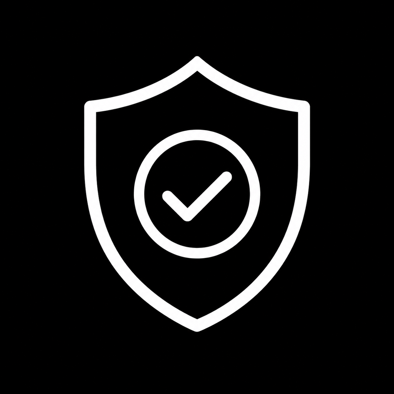 White shield with checkmark inside a circle on a black background