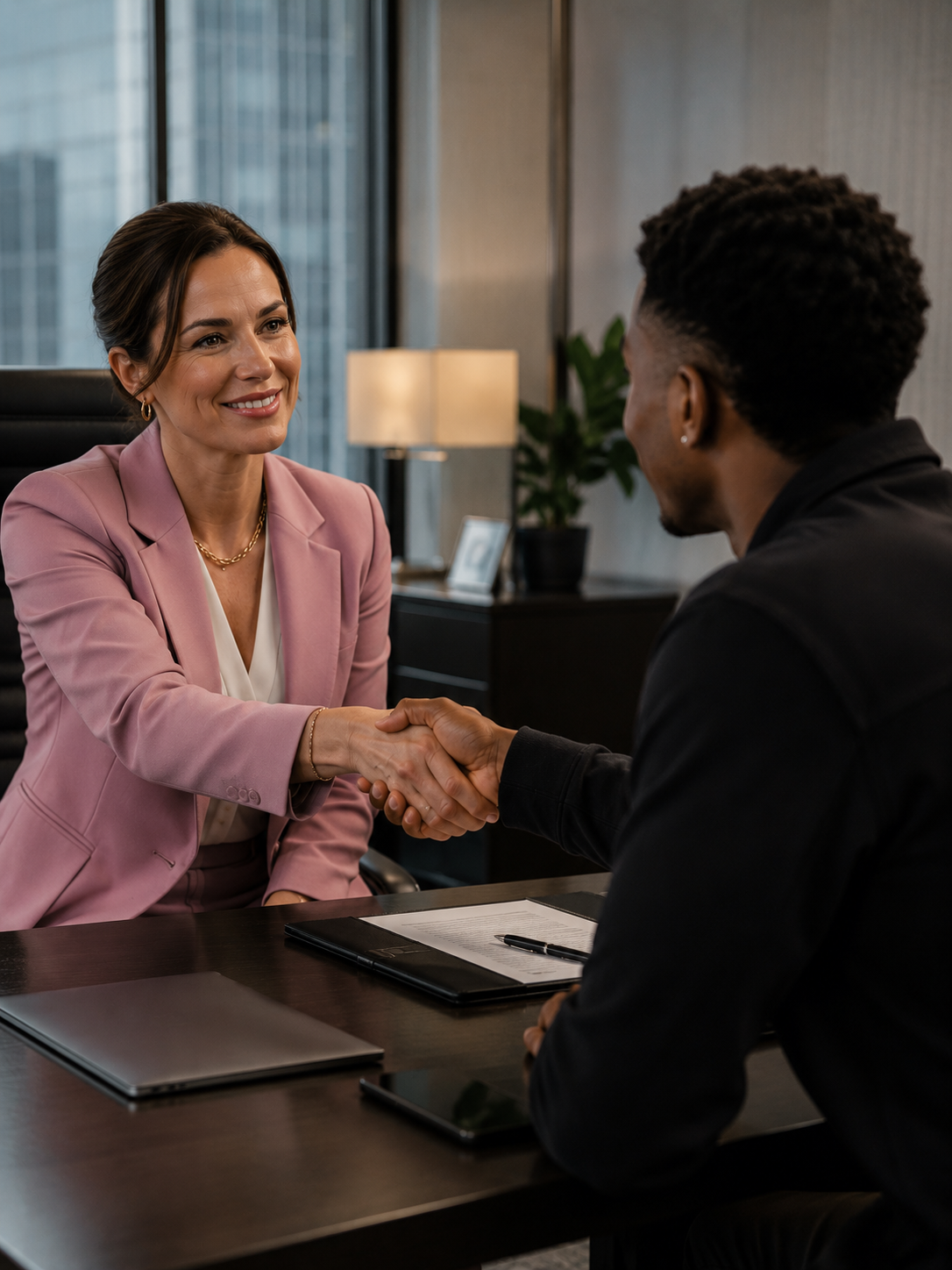A woman in a pink blazer and gold jewelry shaking hands with a man in a dark suit in an office, sitting at a desk with documents and a tablet.