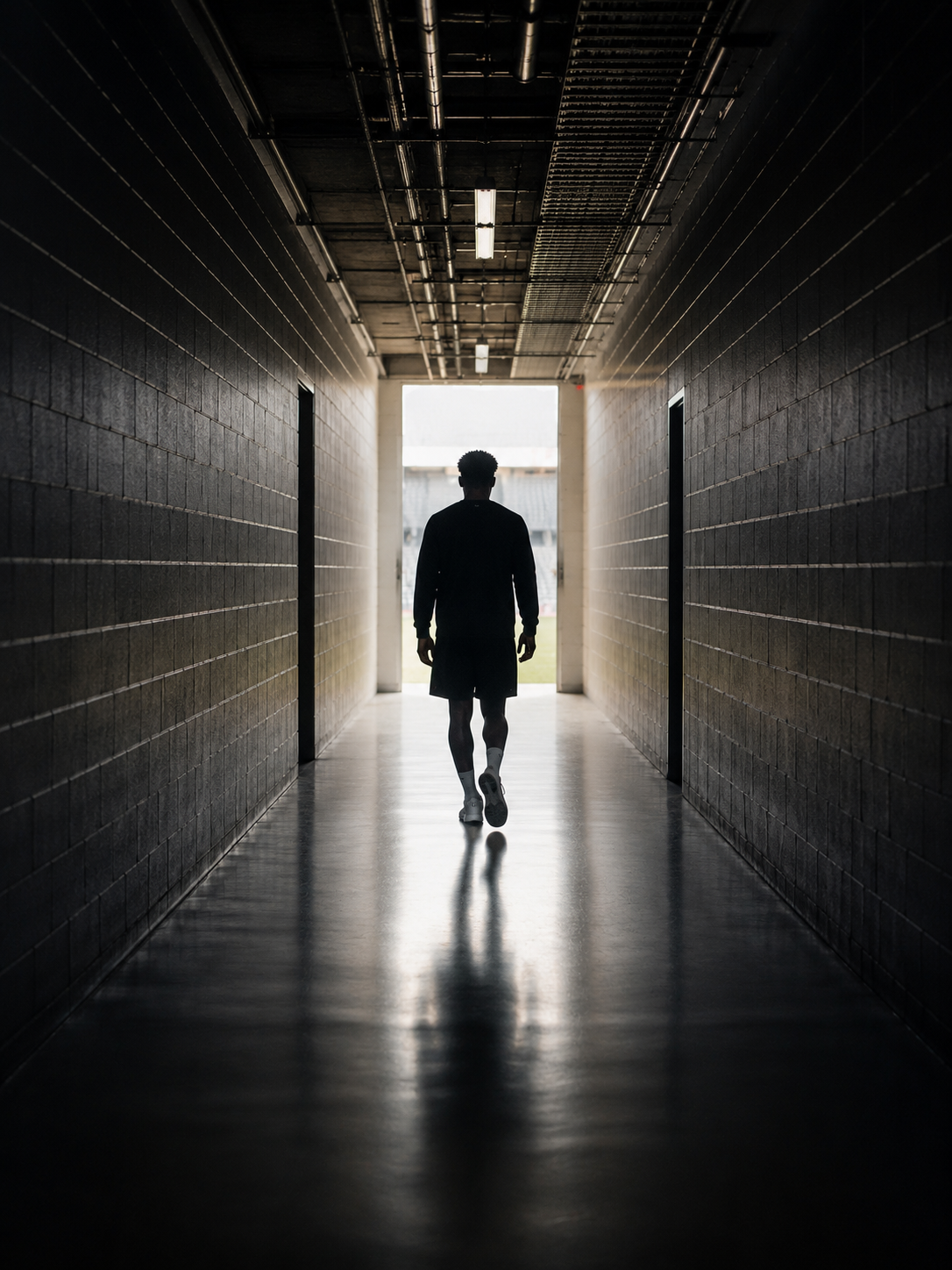 A person walking down a dark, narrow corridor towards bright daylight outside, with black brick walls and overhead lighting.