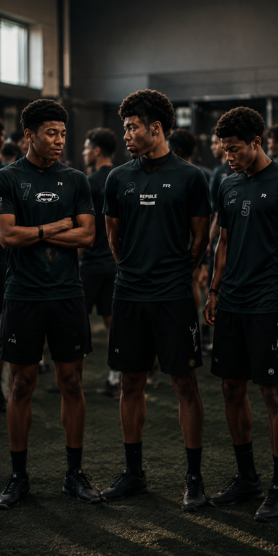 Three young men in black sports jerseys and shorts standing indoors, looking at each other with serious expressions, on a sports field.