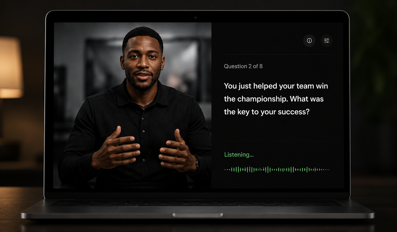Laptop screen showing a man in black shirt speaking with hands gesturing, next to a question about success in a team. The screen displays audio waveforms and the word 'Listening' in green.