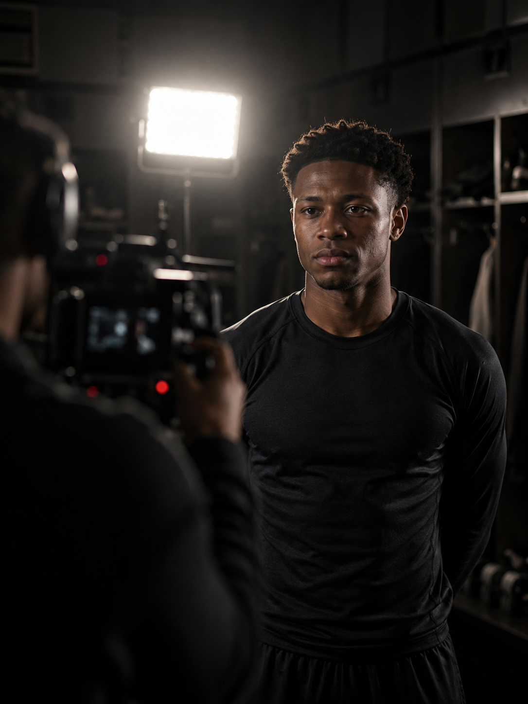 A man in athletic clothing being filmed in a gym or fitness studio with a bright light behind him.
