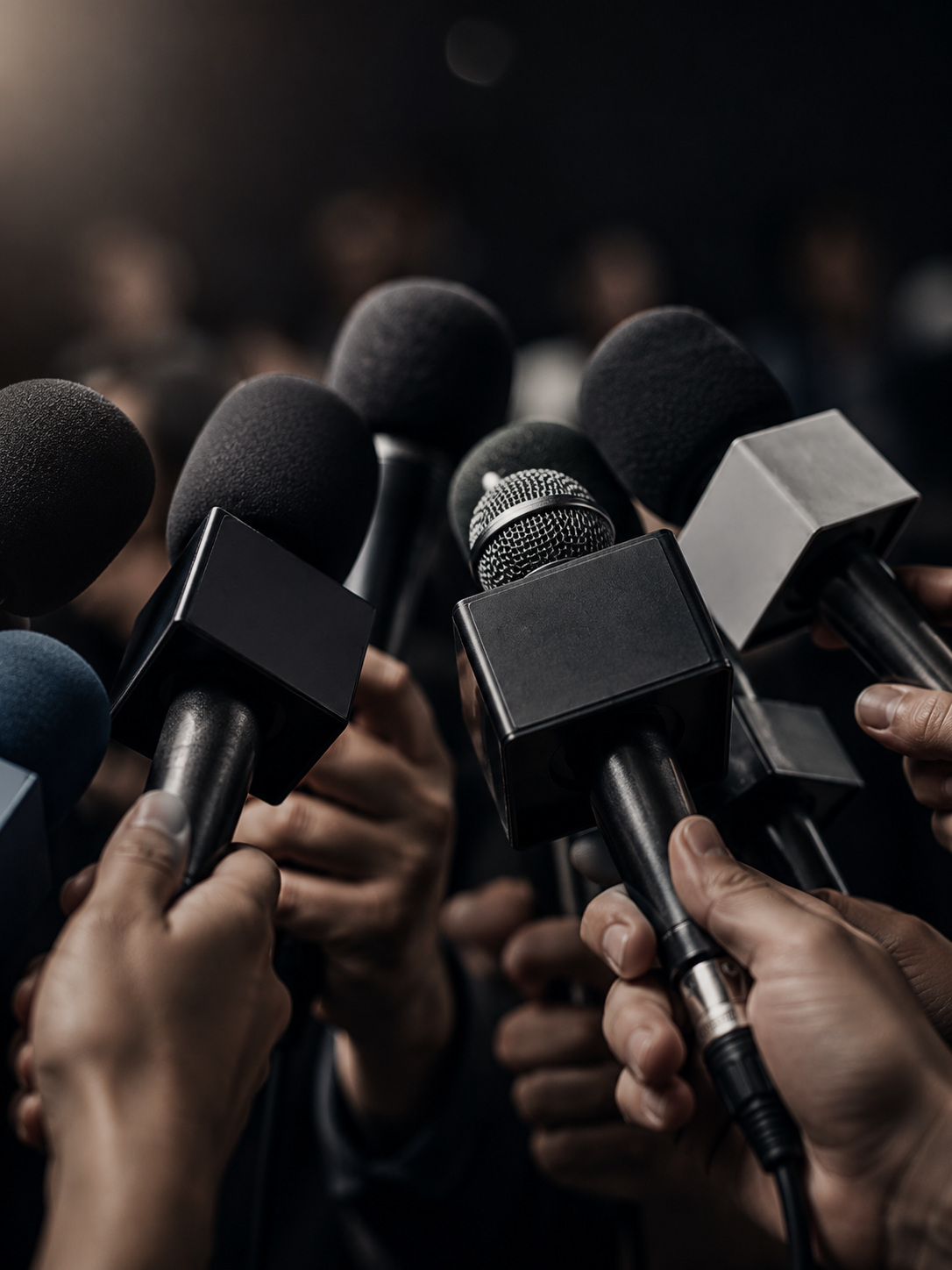 Multiple microphones held by hands in front of a crowd, likely at a press conference or interview.