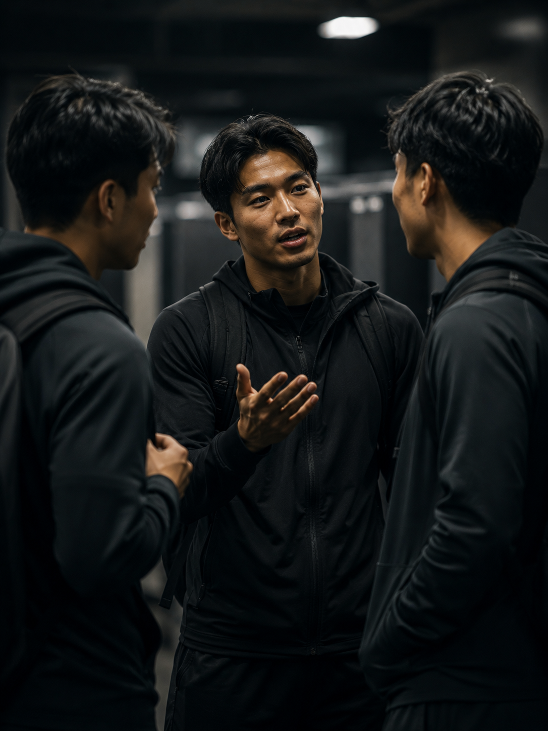 Three men in black athletic clothing having a conversation in a gym.