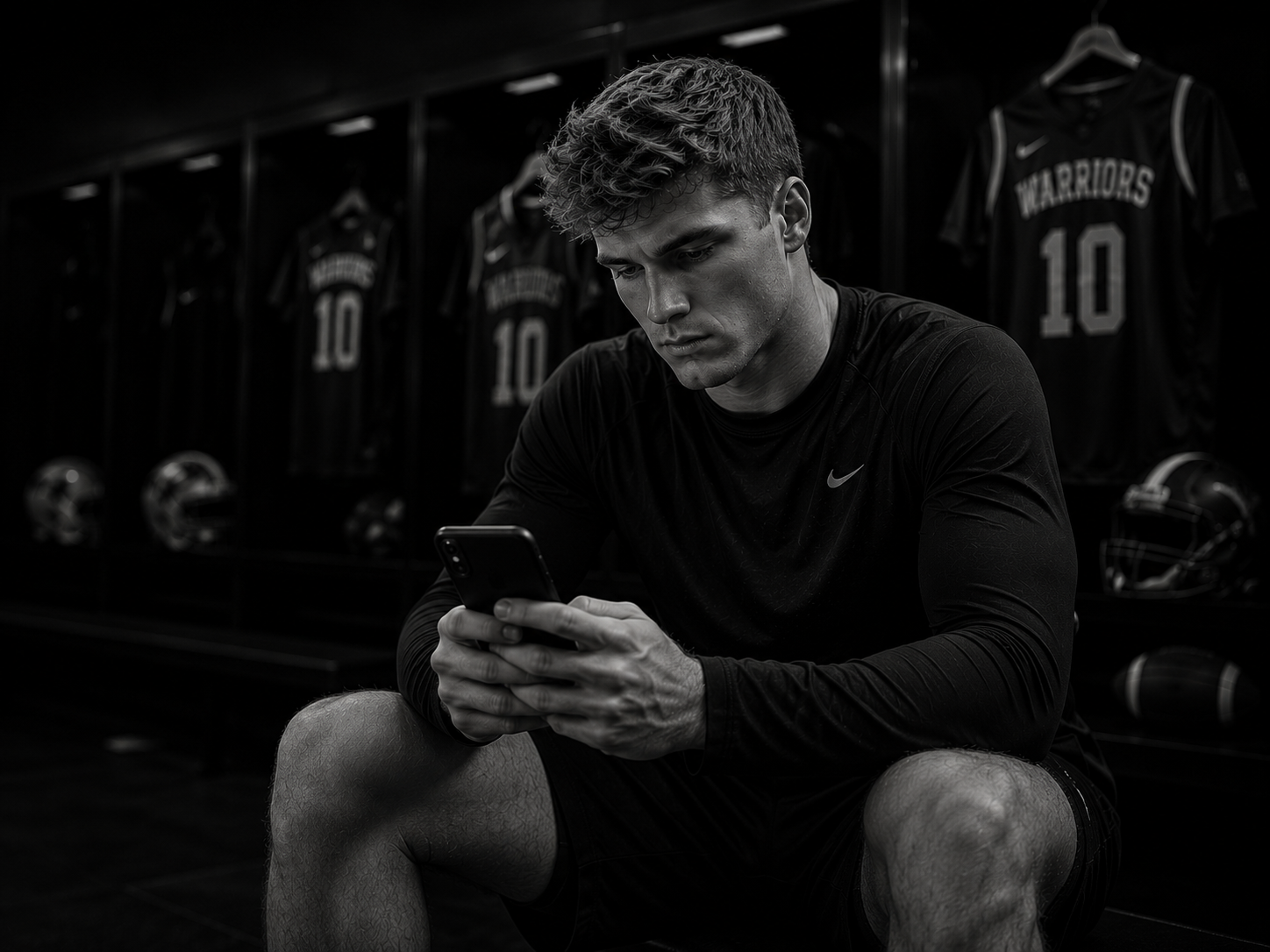 A young male athlete in sportswear sitting in a locker room, looking at his phone, with football helmets and jerseys hanging in the background.
