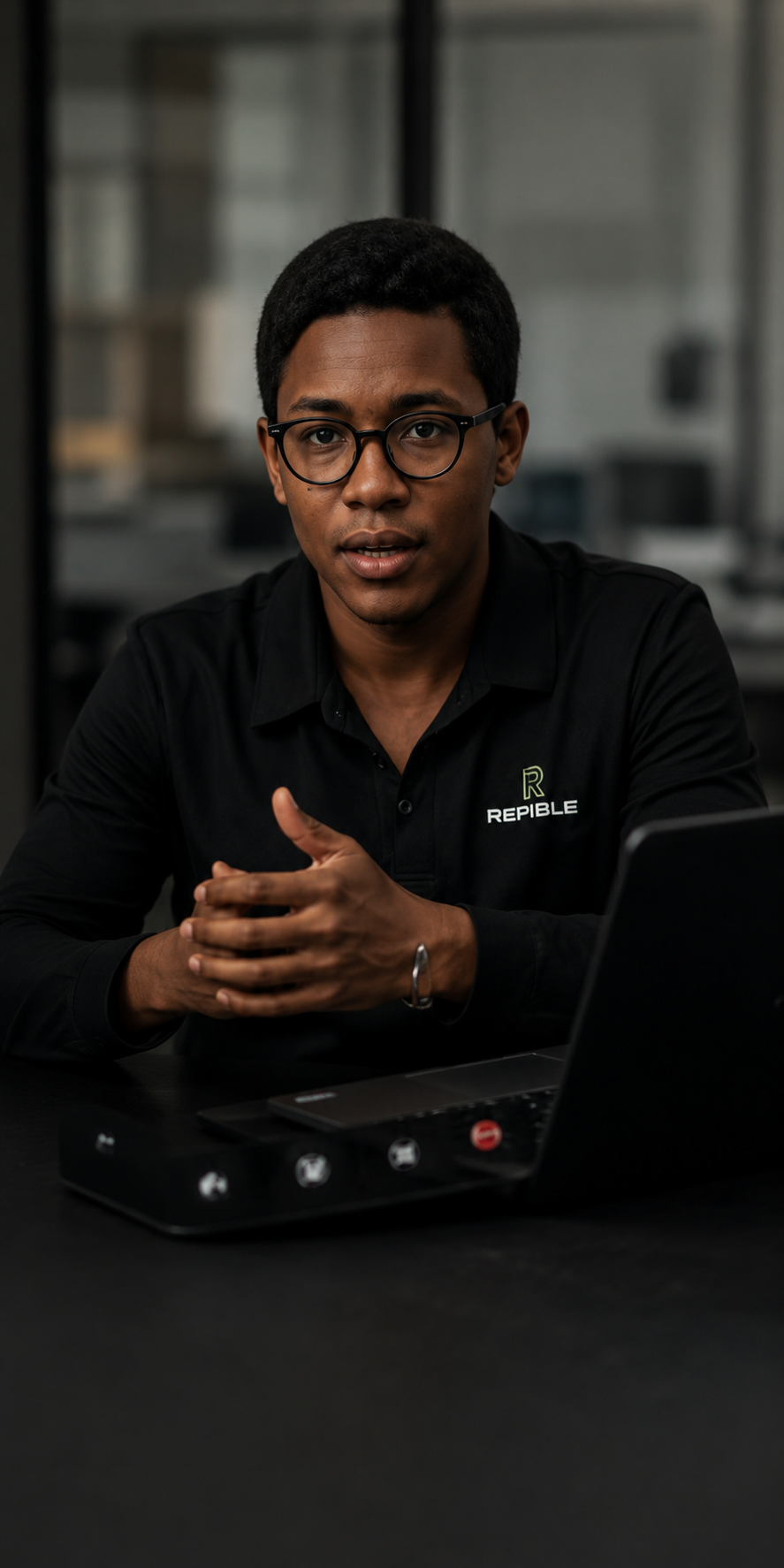 A man with glasses wearing a black polo shirt with 'REPBILE' logo, sitting at a table with a laptop, in a modern office setting.