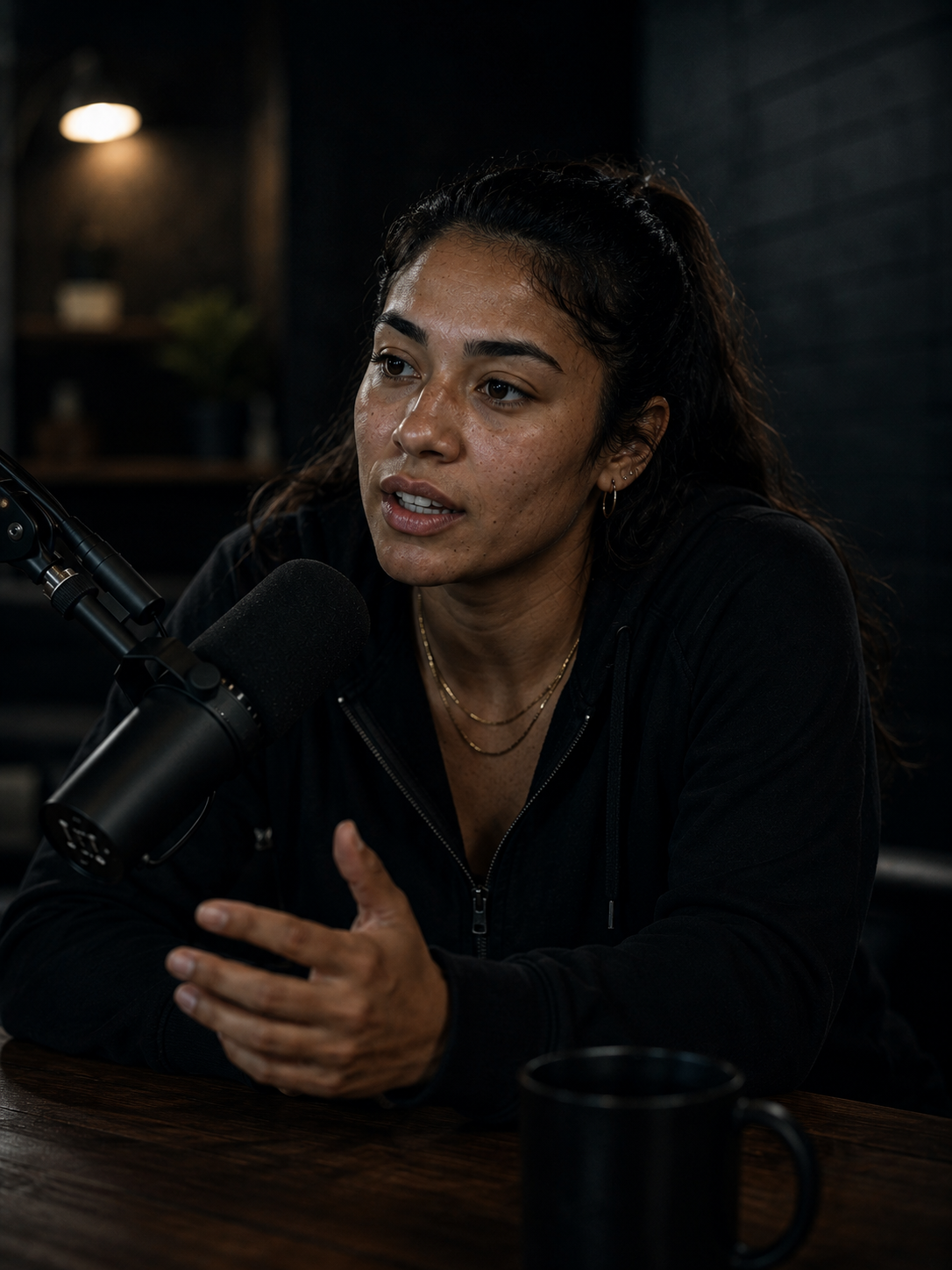 A woman with dark wavy hair talking into a microphone during a podcast or radio interview, sitting at a wooden table with a dark background.
