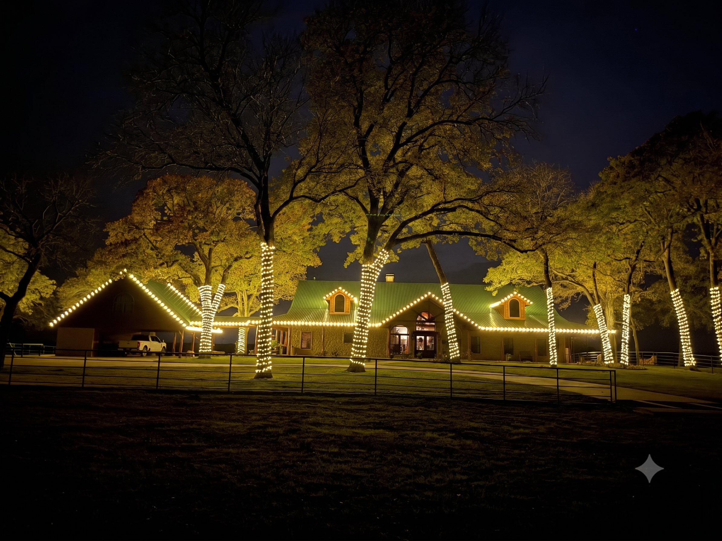 Christmas light installation on custom home with wrapped trees in Granbury Texas — holiday lighting by Bearded Elf Co. serving Hood County and DFW