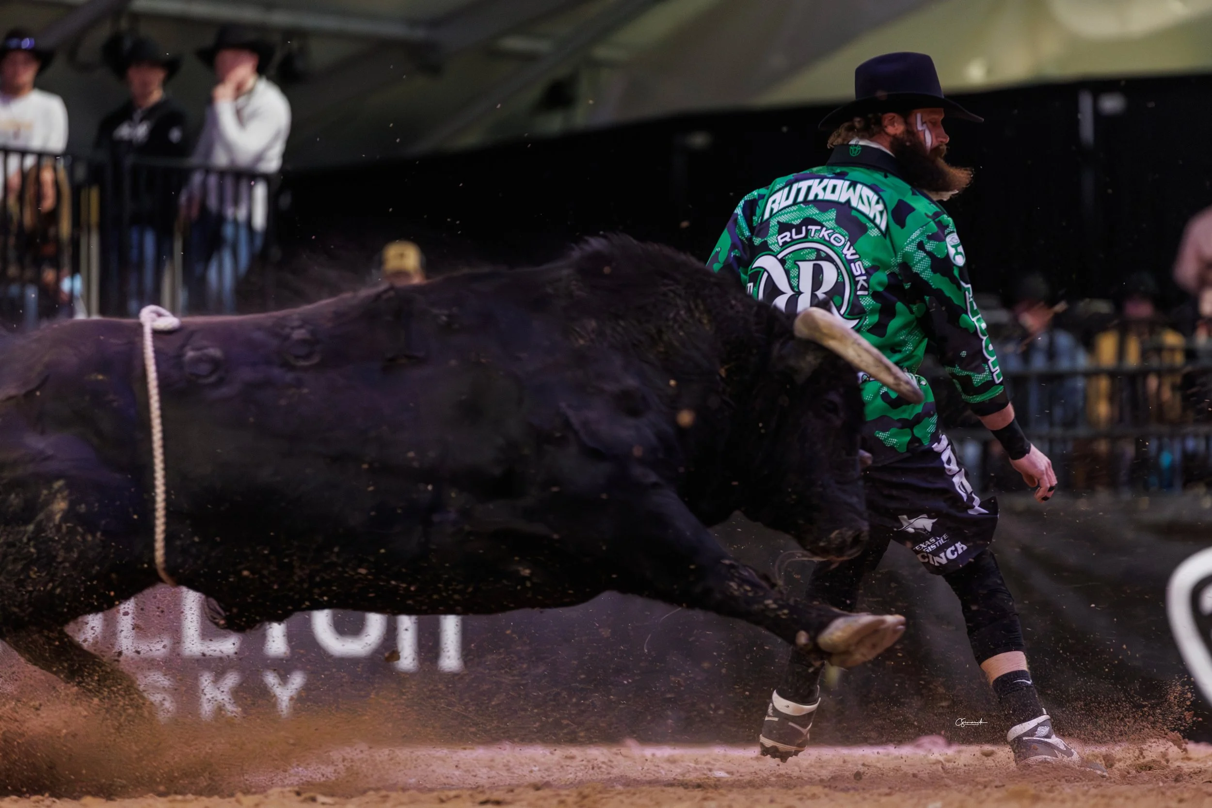 Weston Rutkowski 4x BFO World Champion bullfighter in arena — founder of Bearded Elf Co. Christmas light installation Granbury Texas