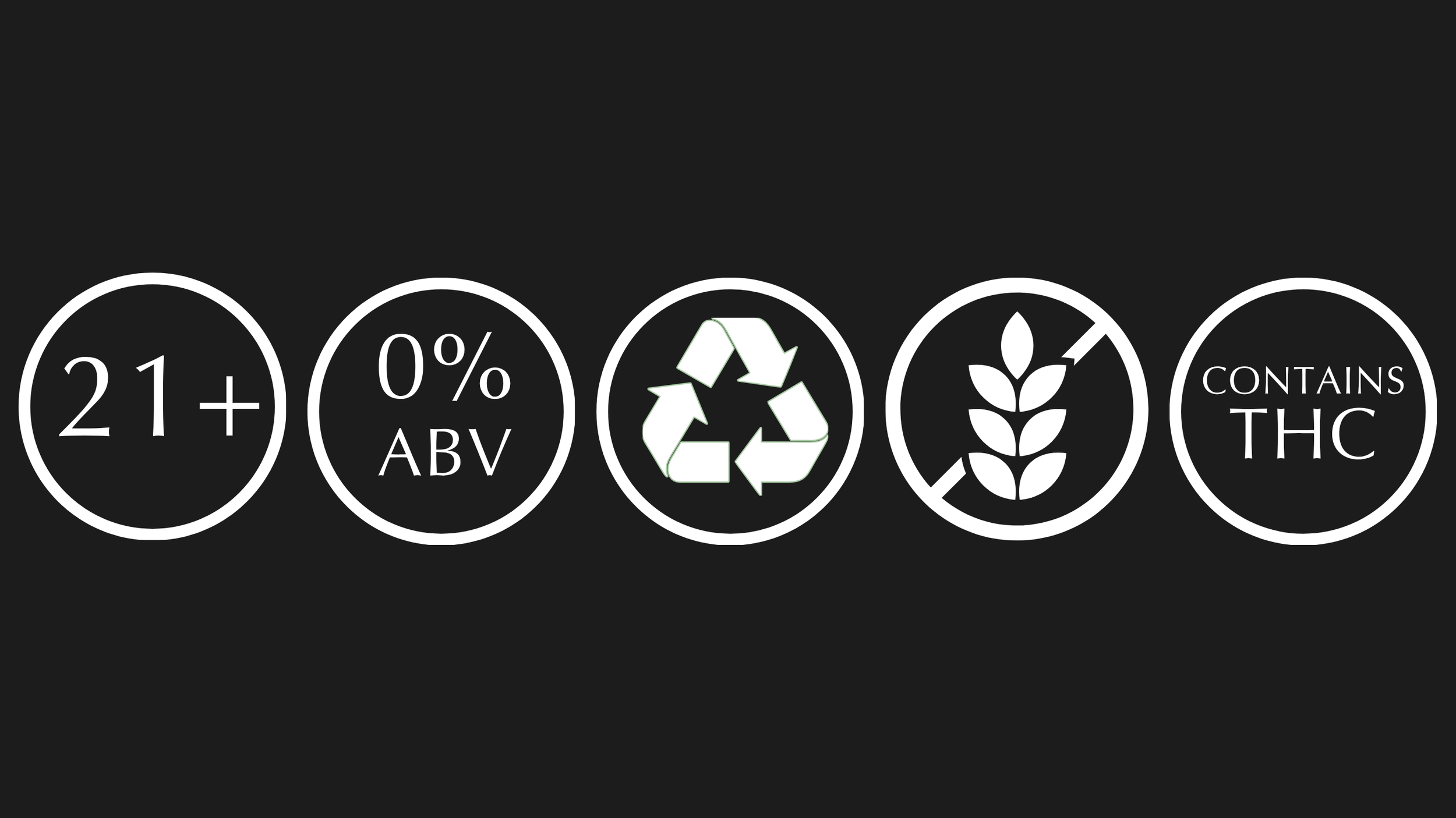 Black package label with white icons and text, including alcohol content, recycling symbol, and THC warning.