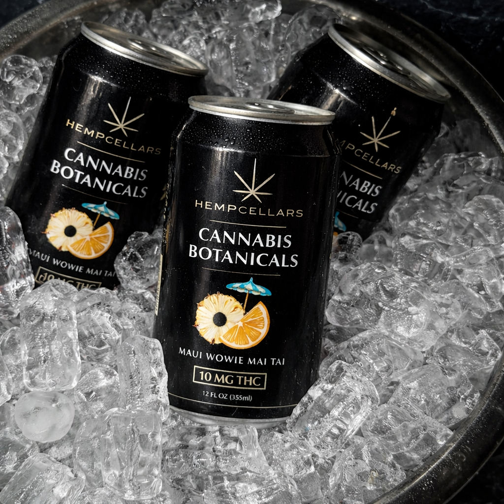 Three cans of Hempcellars Cannabis Botanicals with 10 mg THC on ice in a metal container.