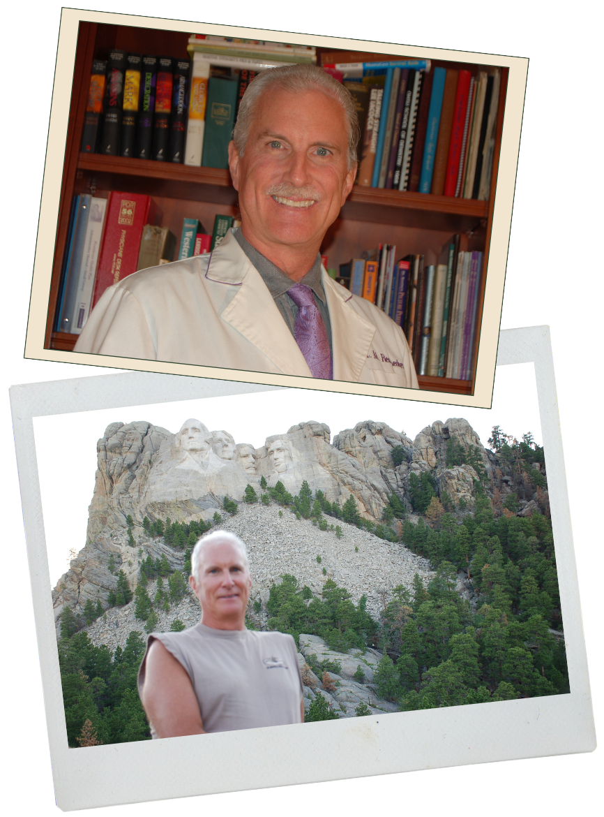 Two photos with a man. The first shows an elderly man with gray hair and a mustache, smiling and wearing a white coat, in front of a bookshelf. The second shows a man with short gray hair, standing outdoors with the Mount Rushmore sculpture and pine trees in the background.