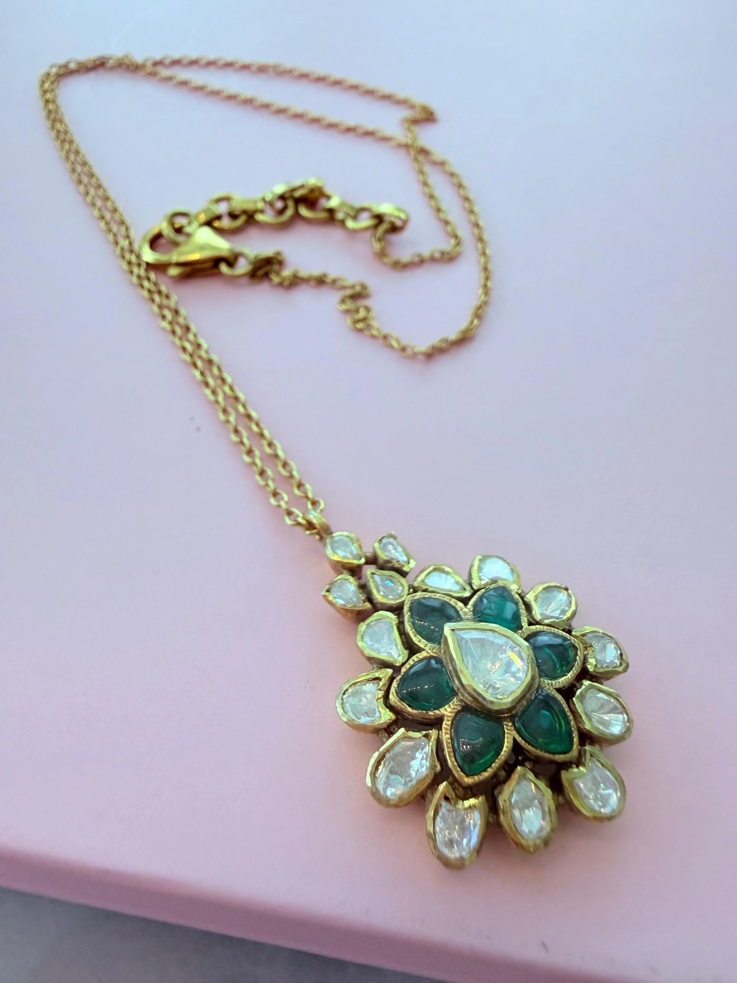 Emerald Bloom Polki Pendant Necklace