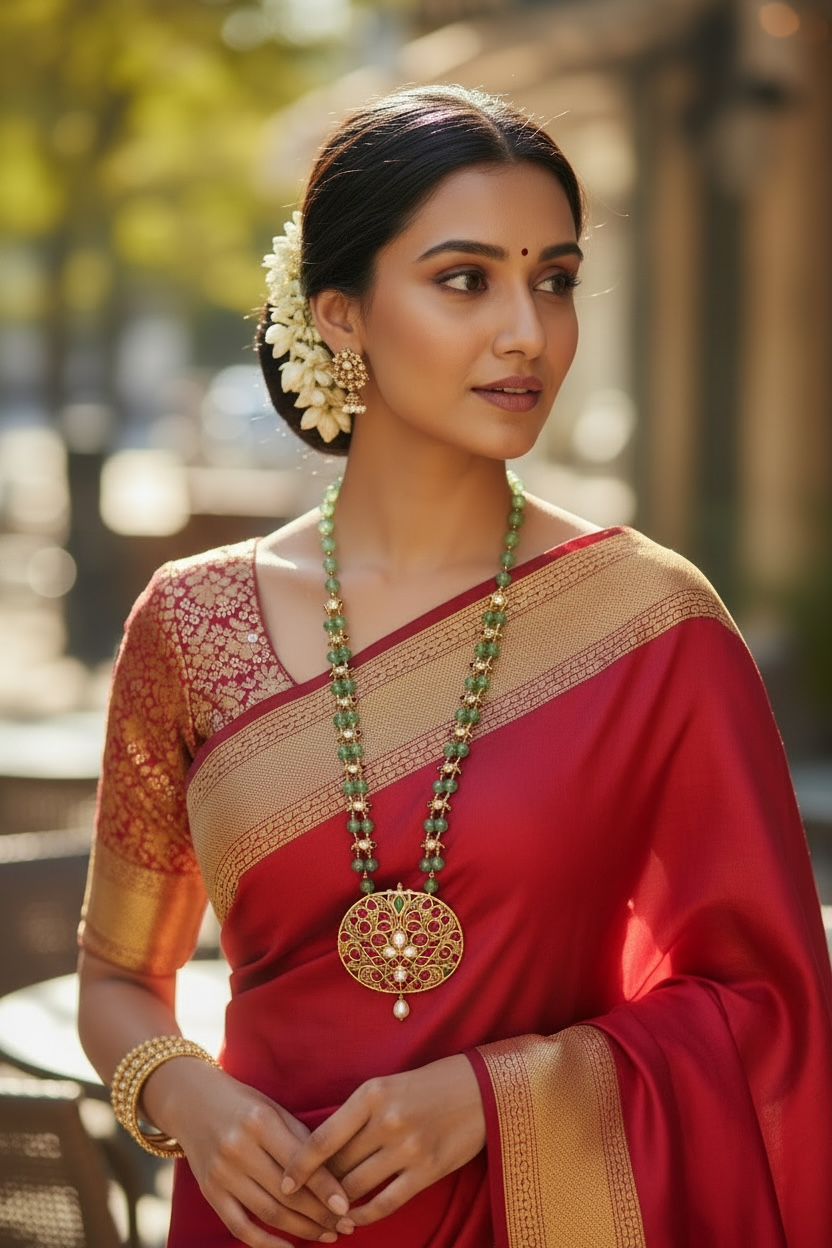 A woman wearing a red traditional saree with gold accents, adorned with jewelry including earrings, a bracelet, and a long necklace, standing outdoors.