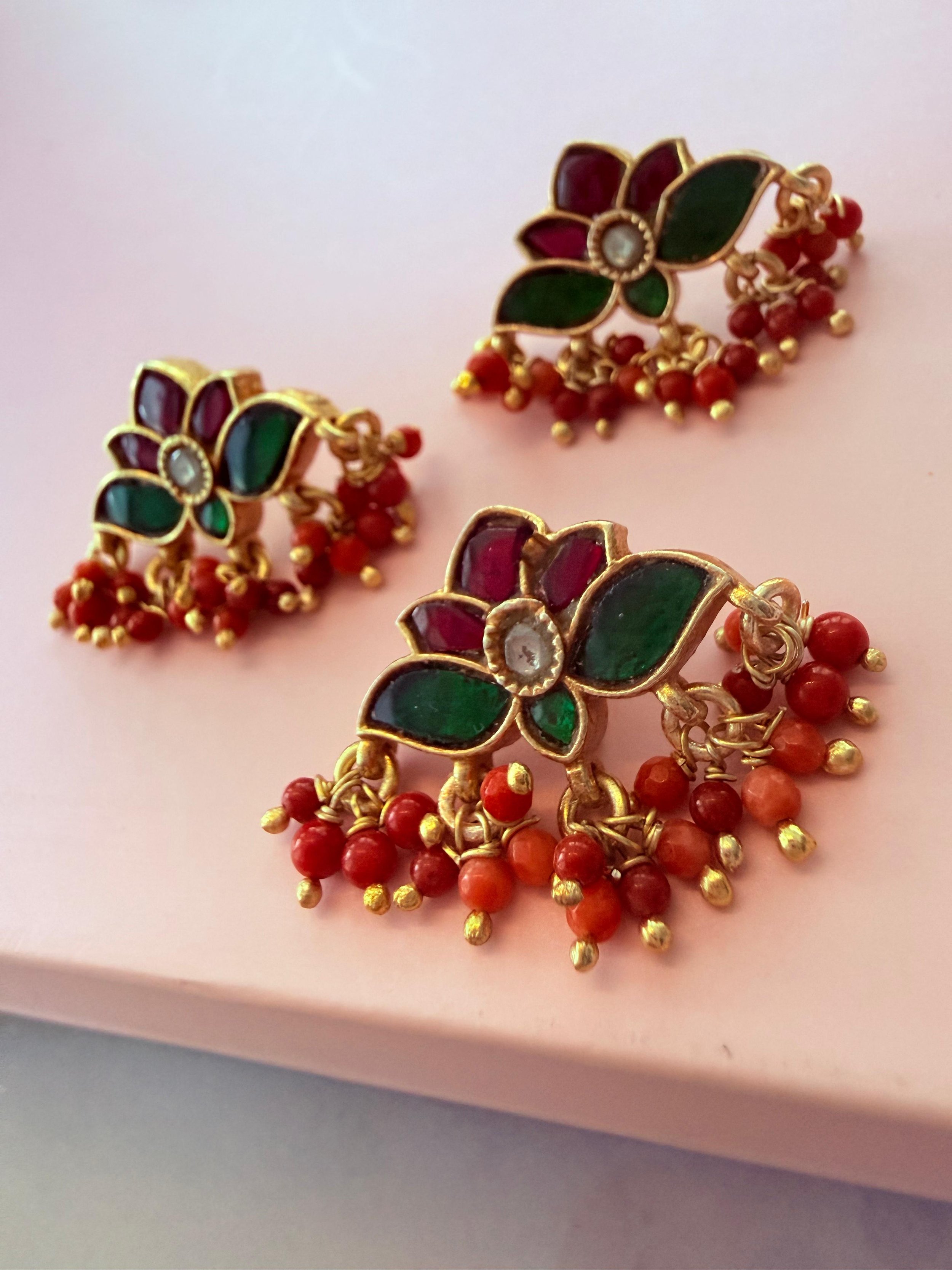 Floral Coral Drop Pendant Set