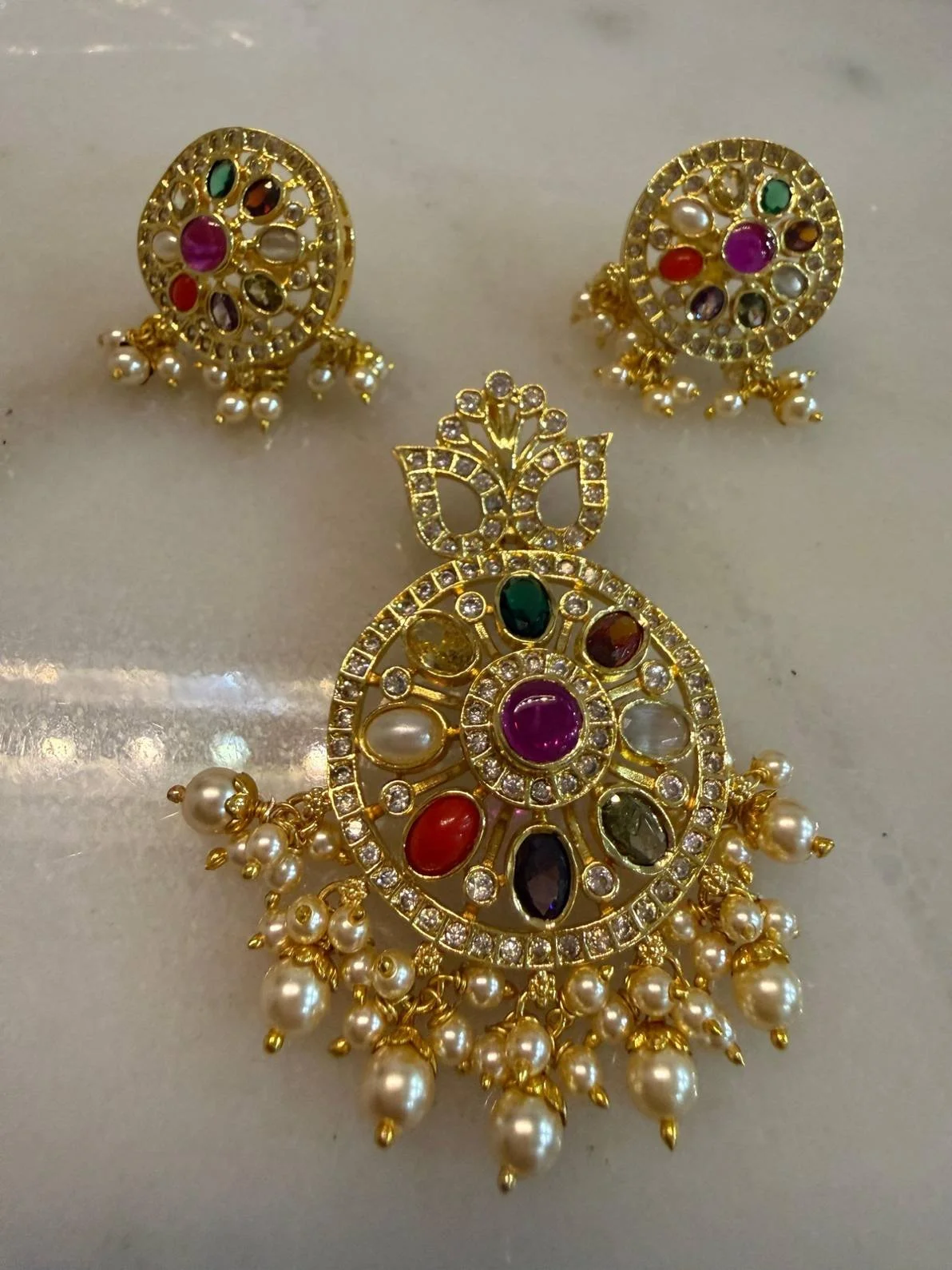 Navratna Pearl Drop Pendant Set