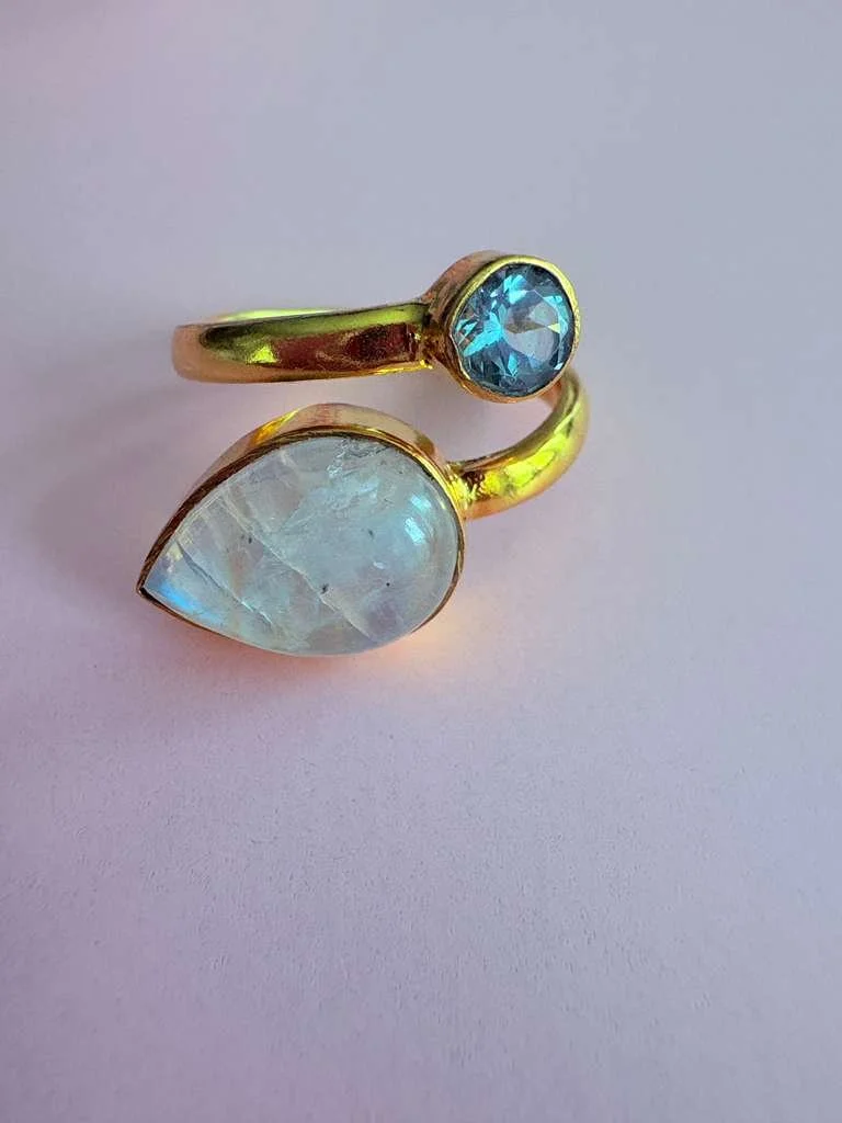 Moonstone & Aqua Dual Stone Adjustable Ring