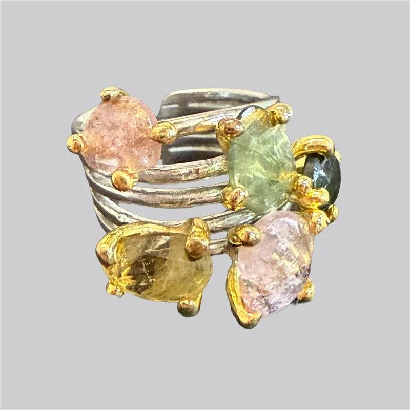 Pastel Raw Gemstone Cluster Adjustable Ring