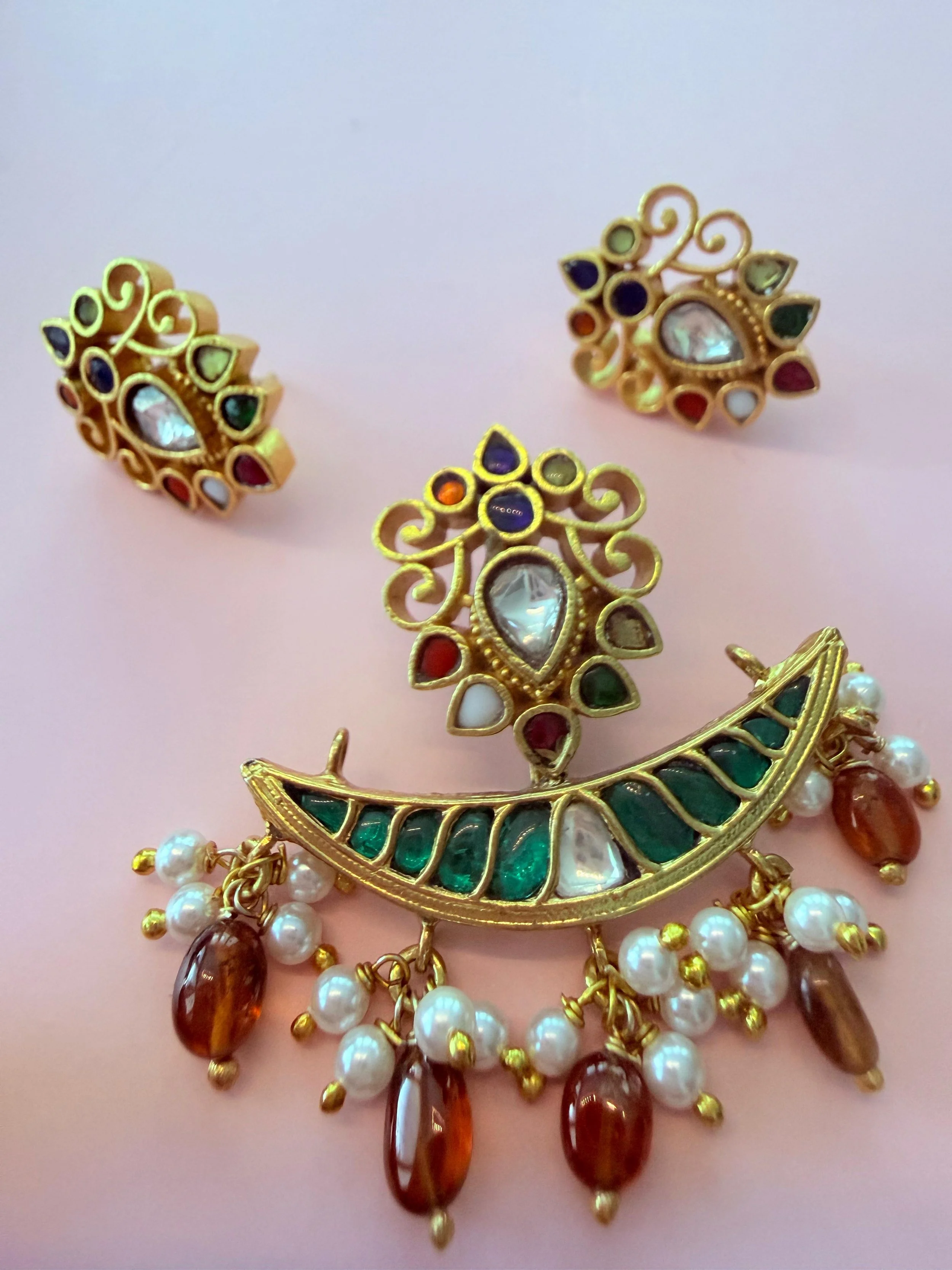 Navratna Pearl Fringe Pendant Set