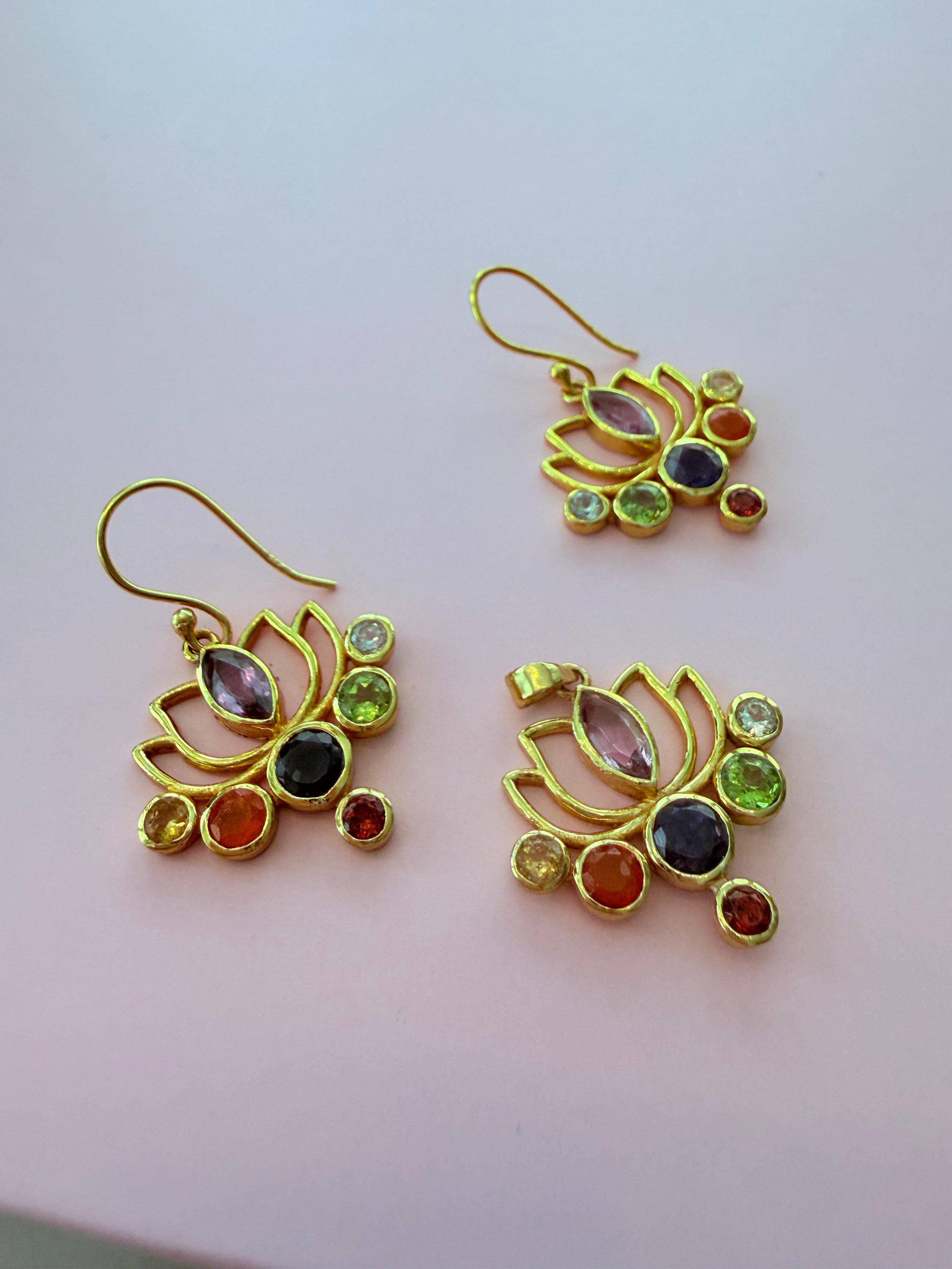 Lotus Navratna Drop Pendant Set