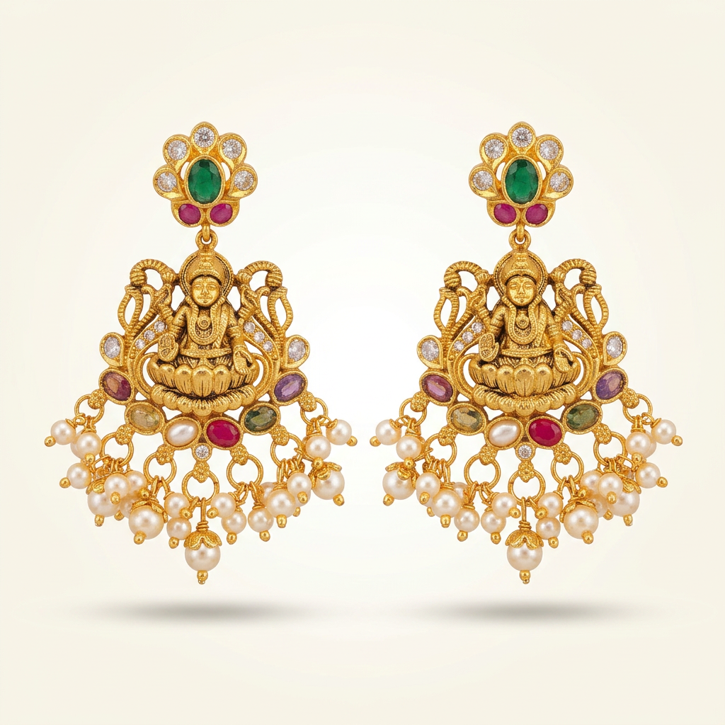 Antique Gold Lakshmi Pearl Drop Temple Earrings