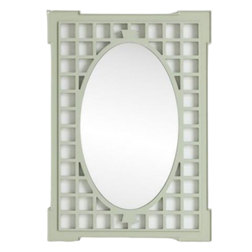 Decorative mirror with a rectangular frame featuring a geometric lattice pattern and an oval mirror in the center.