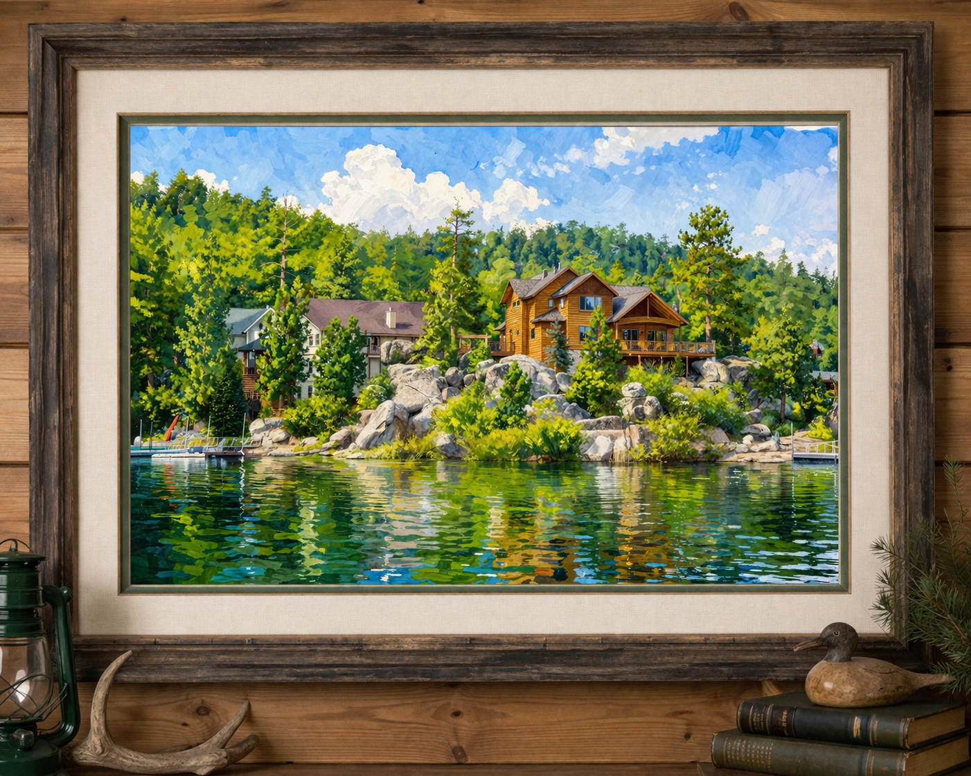 A painting of a lakeside scene with houses, trees, rocks, and a blue sky with clouds.