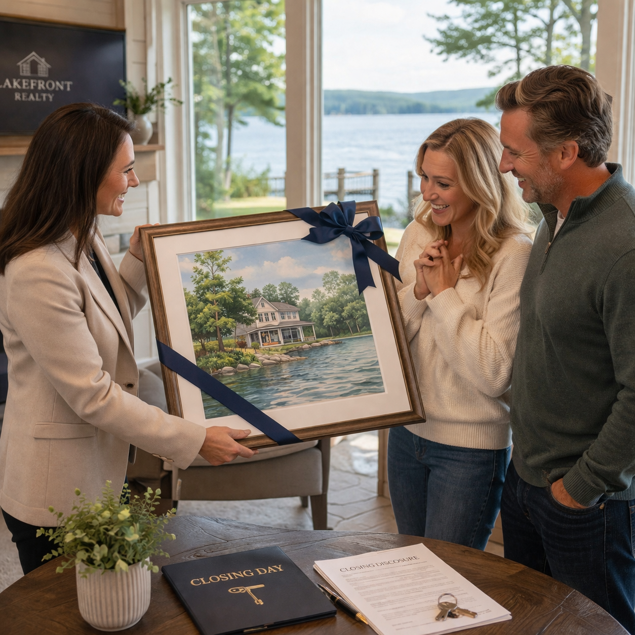A custom lake house artwork being presented inside a lake home