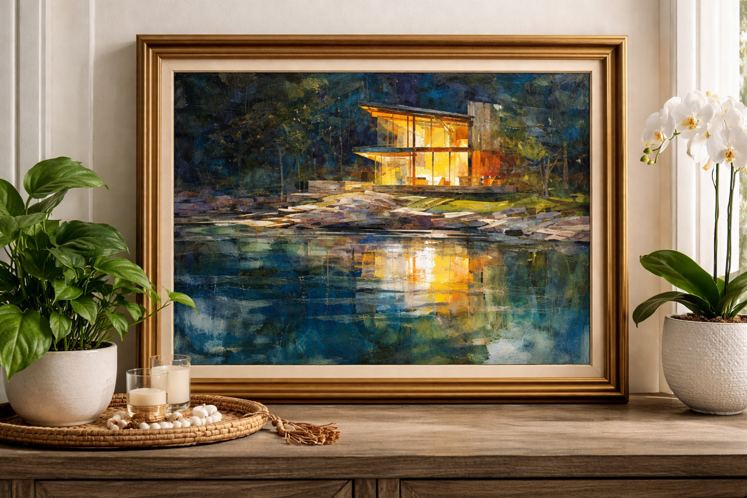 Painting of a modern house reflected in a body of water, surrounded by greenery, in a gold frame on a wooden surface, with potted plants and candles nearby.