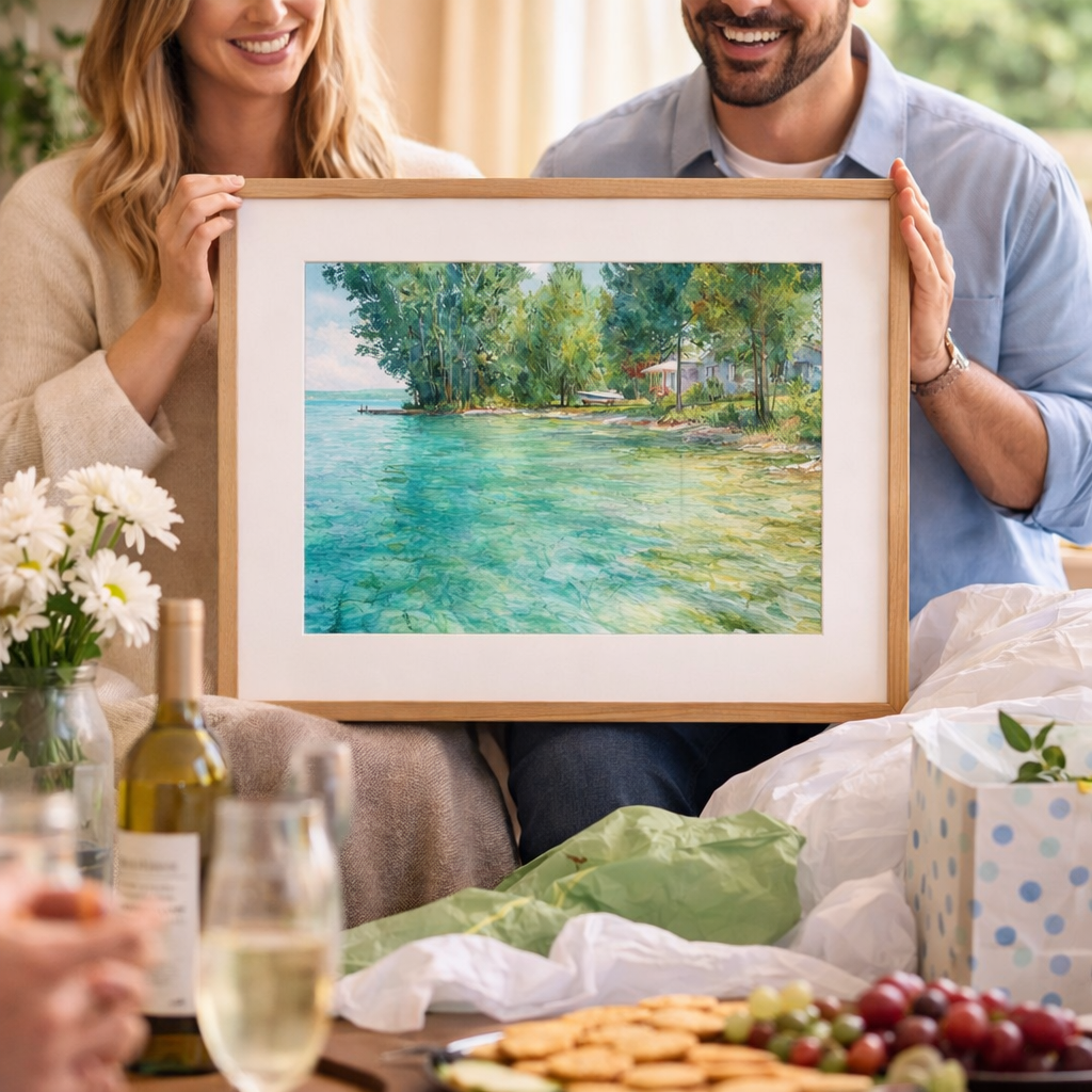 A smiling man and woman holding a framed landscape painting of a lakeside scene with trees, water, and a small house, during a celebration or gathering with food and drinks.