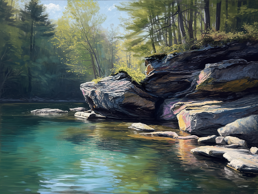 Rocks at Water's Edge artwork with large layered sandstone ledges beside clear turquoise and green lake water