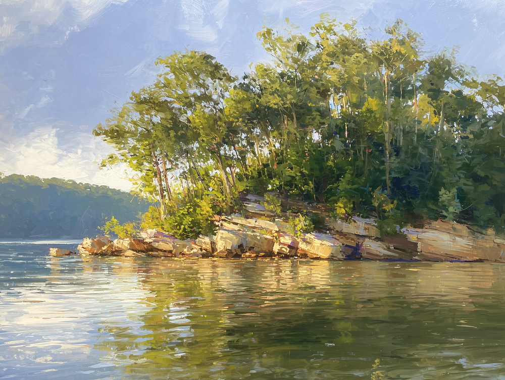 Sun on the Island Edge artwork with evening sunlight touching a wooded sandstone point and reflecting across the lake